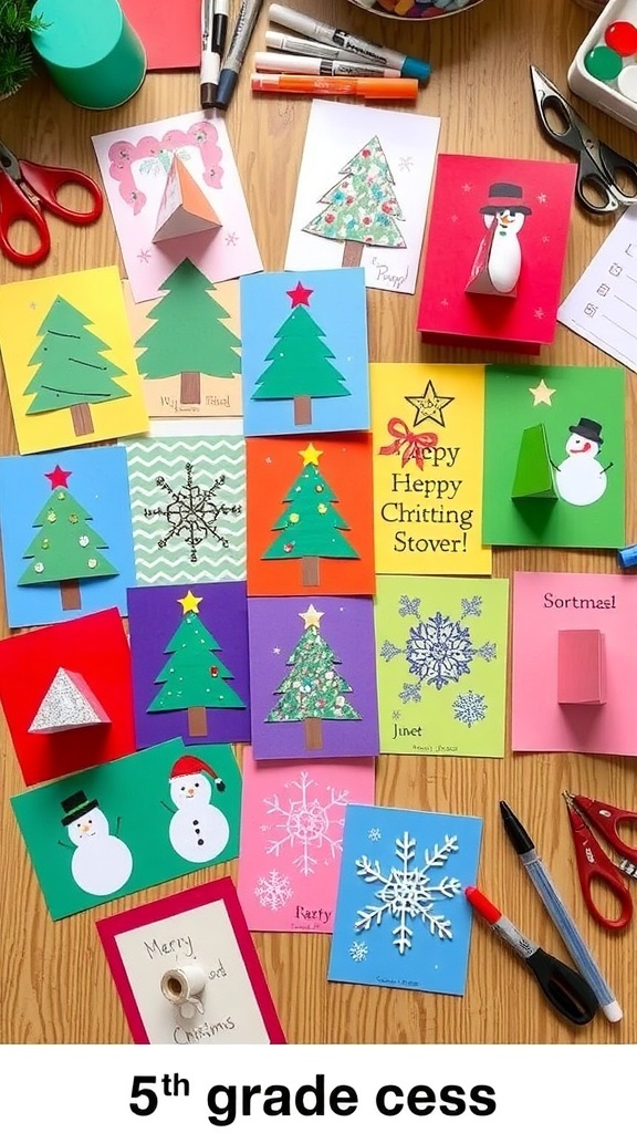 A collection of vibrant handmade Christmas cards with festive designs on a crafting table.